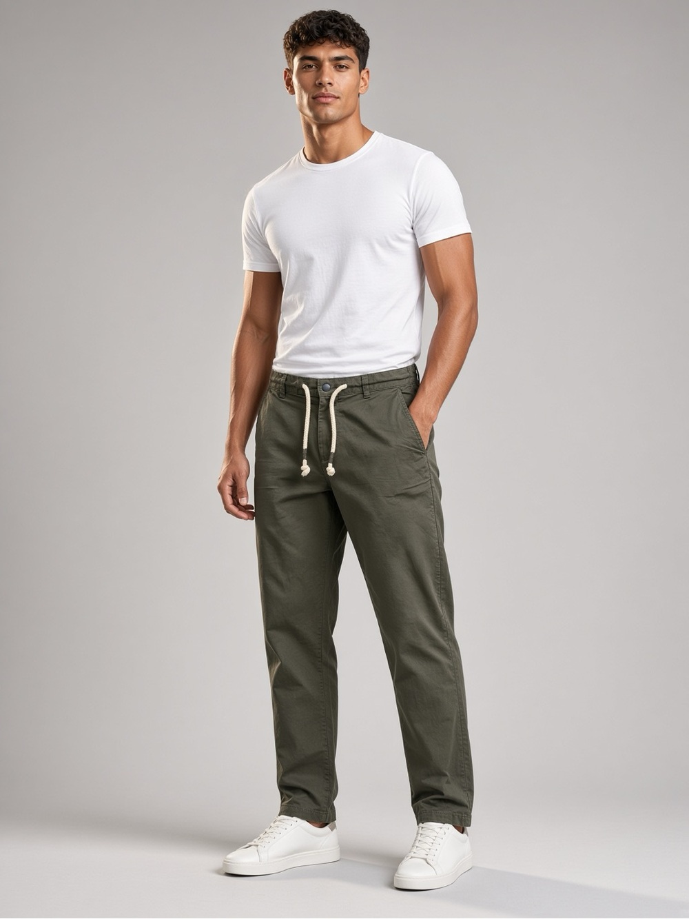 Zara Men's Olive Green Drawstring Chinos